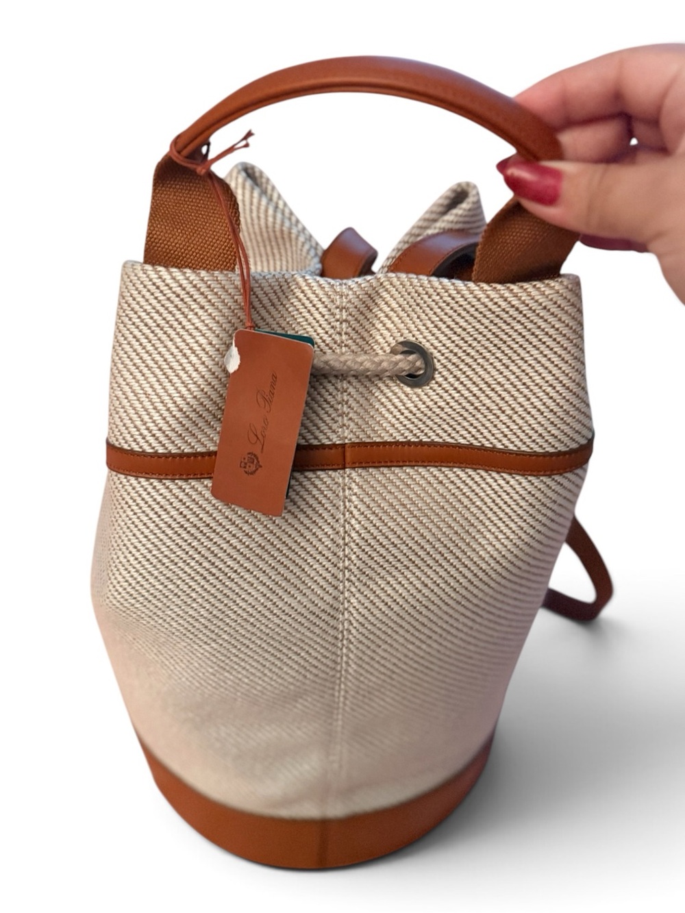 Loro Piana Cream Canvas Bucket Tote with Tan Leather Trim and Canvas Cover Bag - Picture 13 of 14